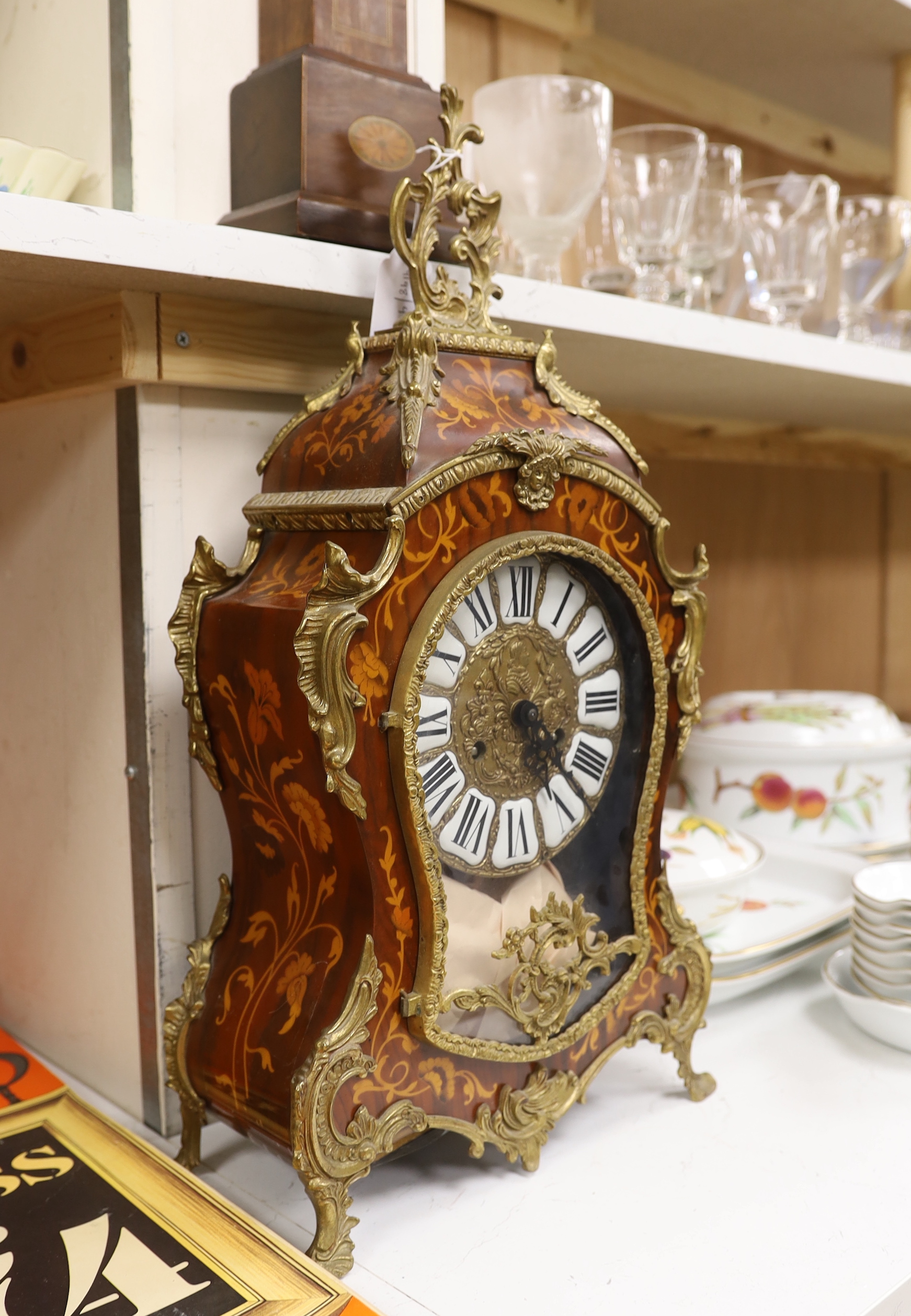 A French Louis XV style inlaid mantel clock, 56cm